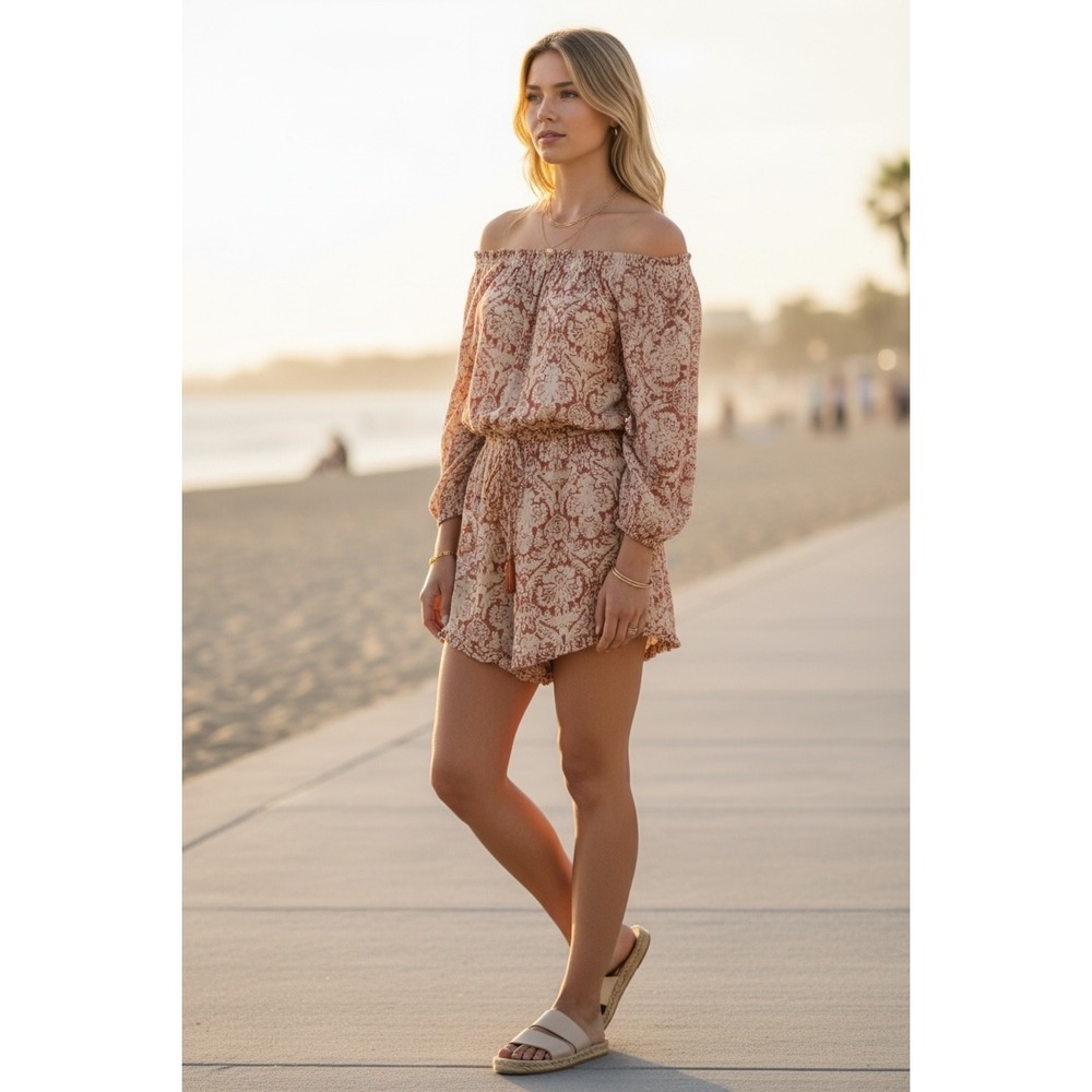 Lani Lau‎ Hawaii Romper S/M Terracotta Damask Boho Off Shoulder Summer Hippie